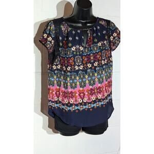 Renee C Floral Paisley Print Blouse Top Crochet Detail Boho Short Sleeve Small